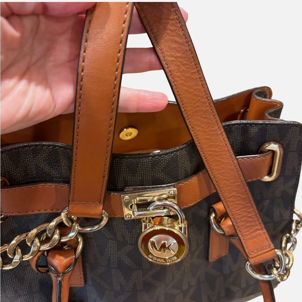 Michael Kors Hamilton Monogram Logo Leather Satchel Tote - Picture 4 of 14